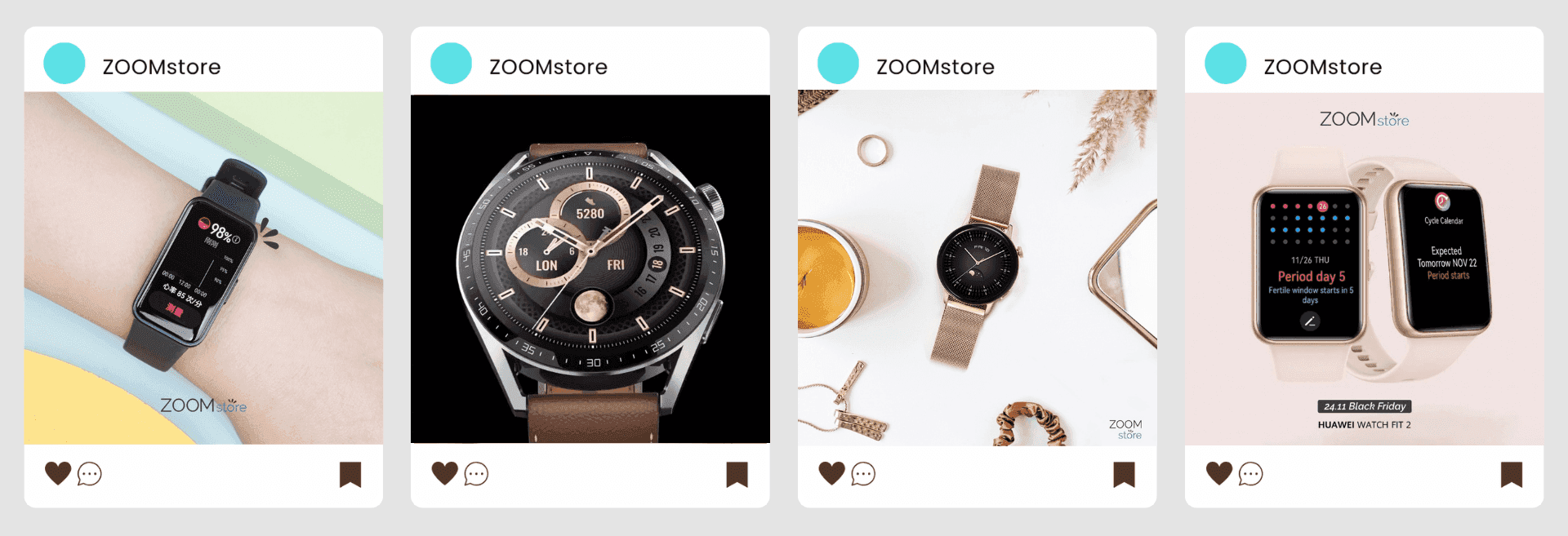 Quatro posts da ZOOMstore no Instagram com smartwatches Huawei