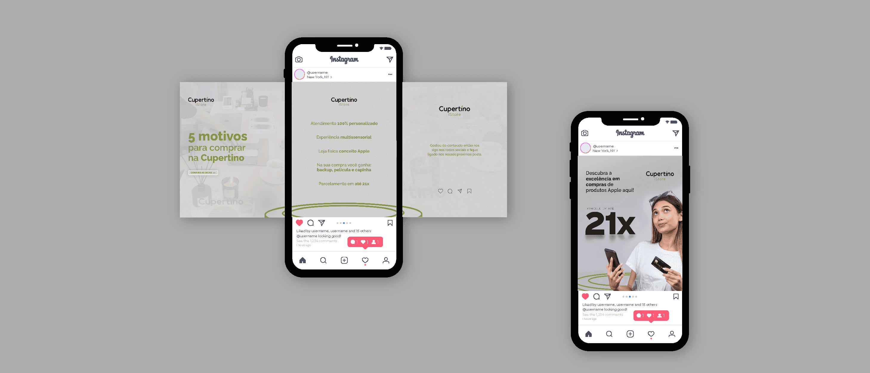 Carrossel “5 motivos para comprar na Cupertino” e post de parcelamento