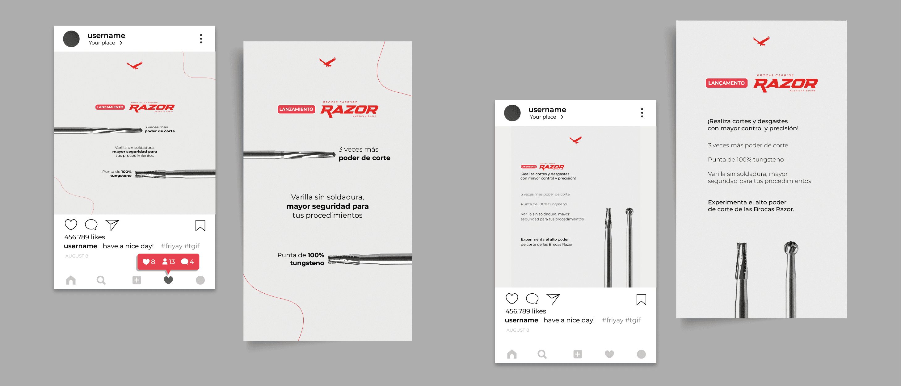Posts e stories minimalistas com as brocas Razor em destaque